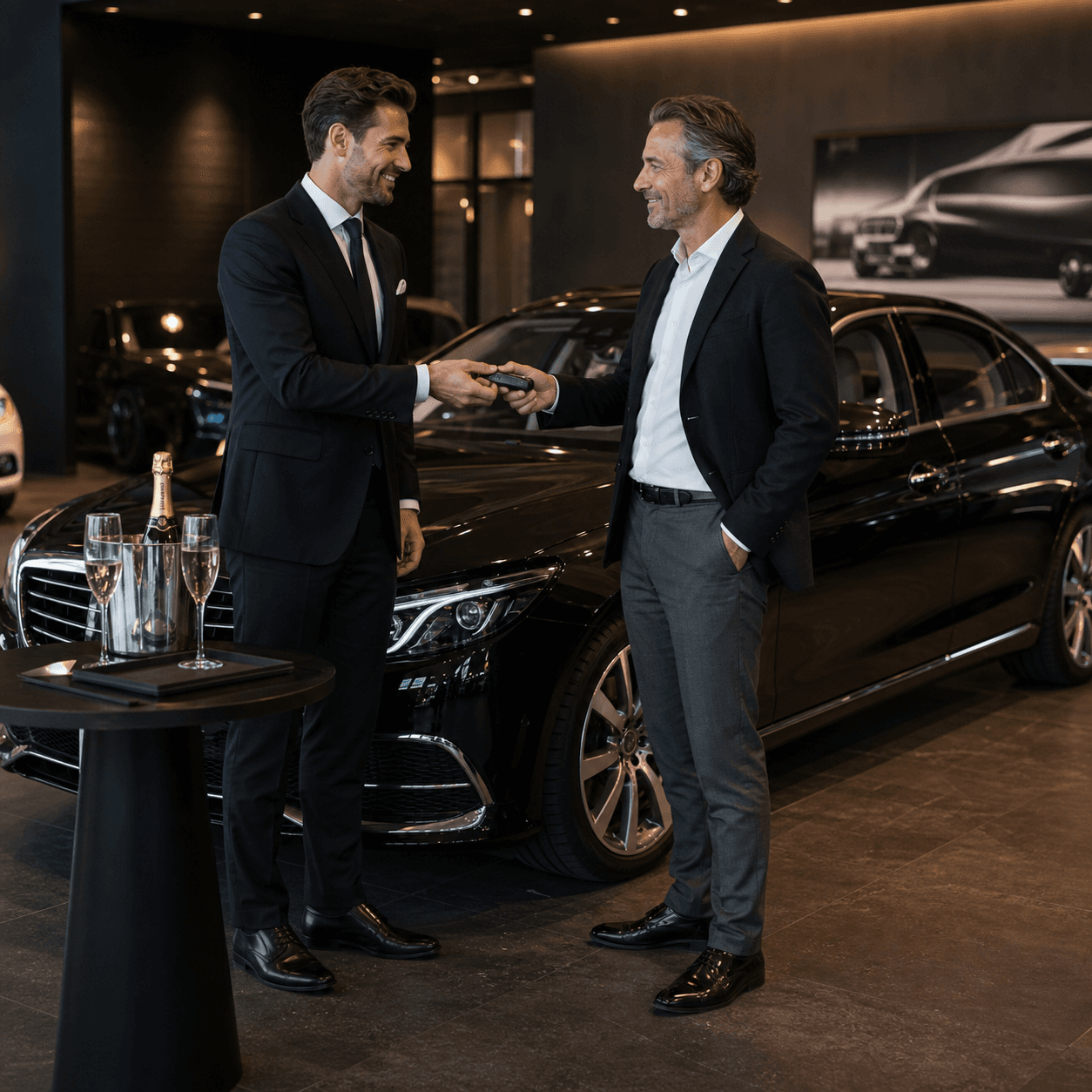 Sedan premium presentado como historia de venta en showroom