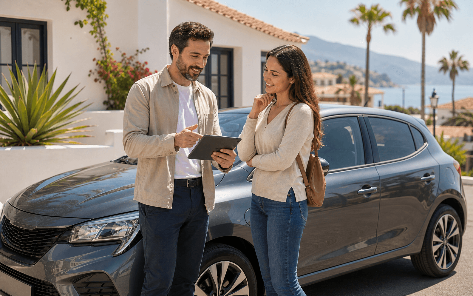 Experto de Veo Mi Coche orientando a un cliente junto a un coche